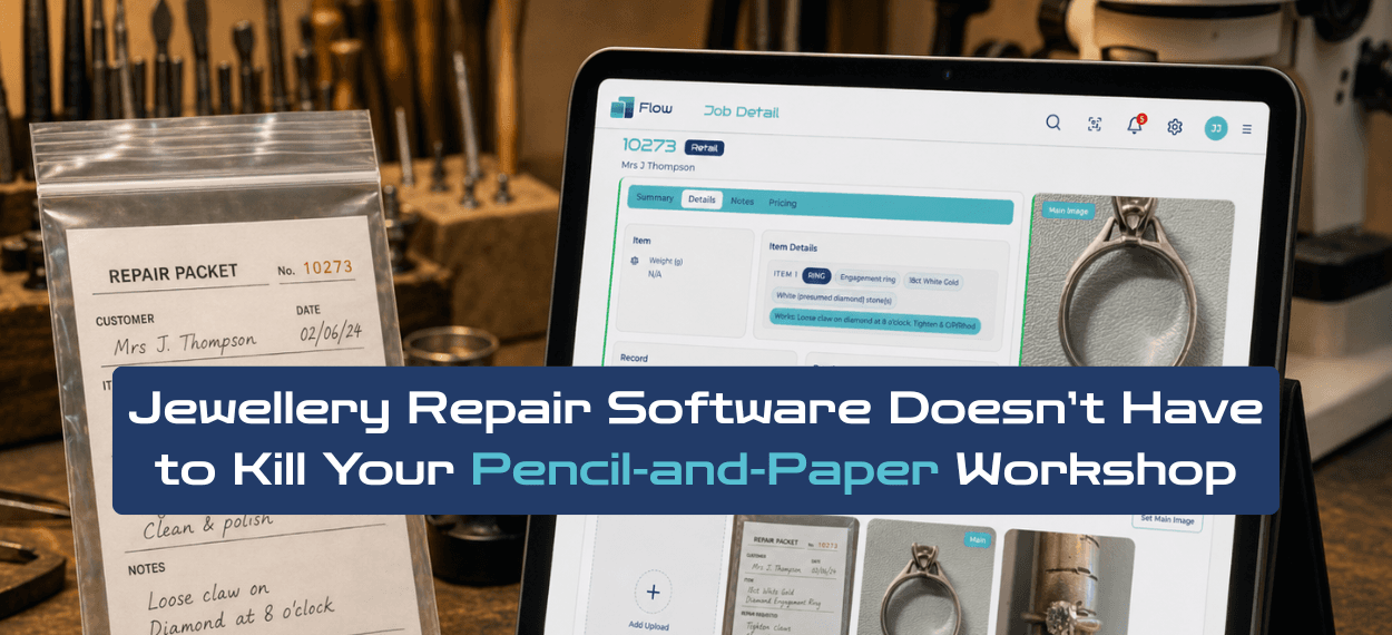 A handwritten jewellery repair packet beside an iPad showing Datopia Flow repair tracking software