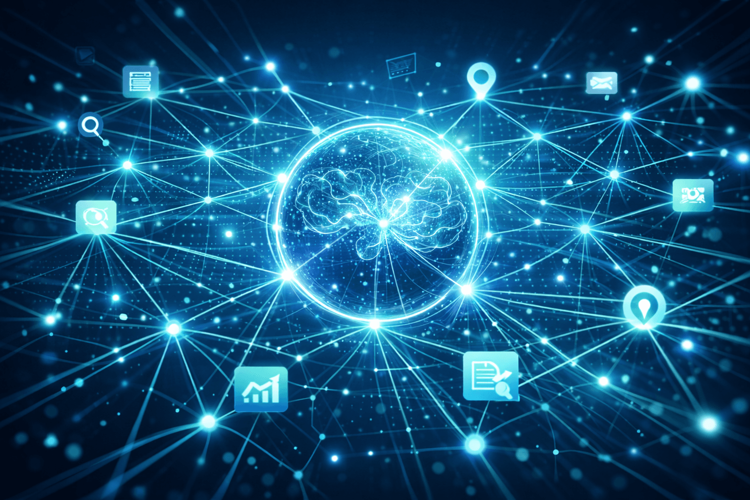 A large language model represented as a glowing brain, with node links representing the connections and relationships between data points, and a search bar indicating the concept of AI Engine Optimisation for search visibility